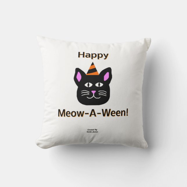 Black Cat Meow-A-Ween Square Throw Pillow (Front)