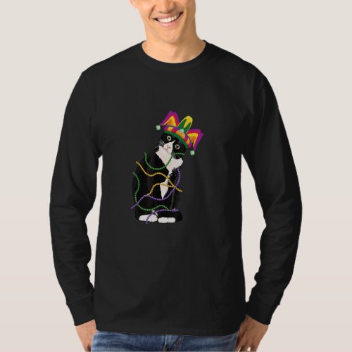 Black Cat Meow Mardi Gras Mask Fleur De Lis Cat Wo T_Shirt