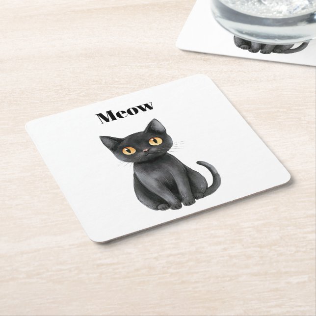 Black Cat Meow   Square Paper Coaster (Angled)