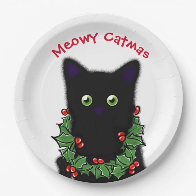 Black cat | Meowy Catmas Holly berries Christmas Paper Plates (Front)
