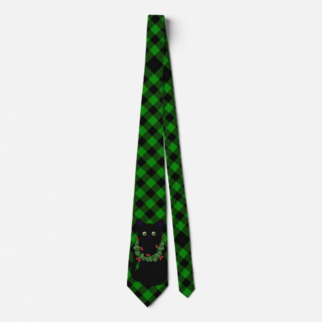 Black cat | Meowy Christmas | Holly garland plaid  Neck Tie (Front)