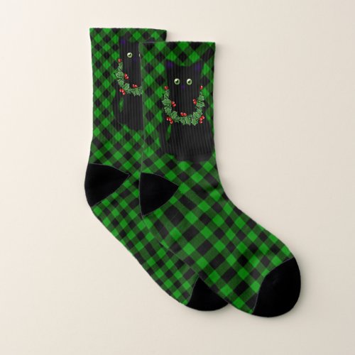 Black cat  Meowy Christmas  Holly garland plaid  Socks