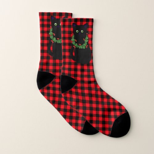 Black cat  Meowy Christmas  Holly garland   Socks