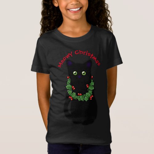 Black cat  Meowy Christmas  Holly garland  T_Shirt