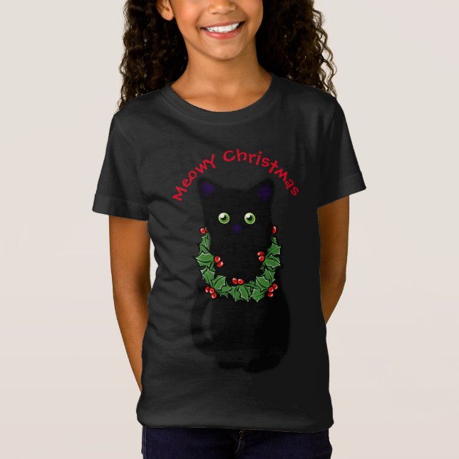 Black cat | Meowy Christmas | Holly garland  T-Shirt (Front)