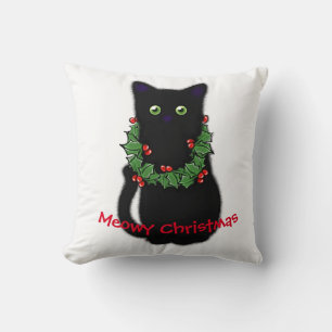 Black cat Meowy Christmas Holly garland Throw Pillow