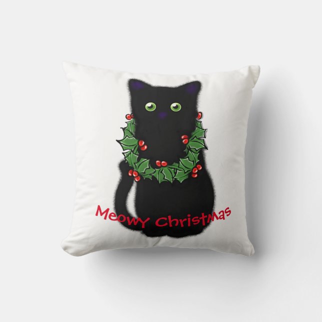 Black cat | Meowy Christmas | Holly garland   Throw Pillow (Front)