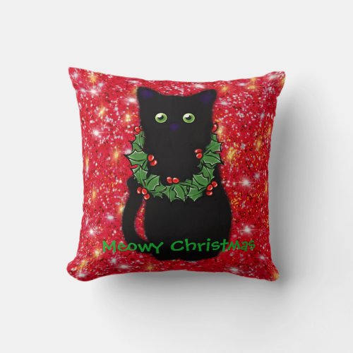 Black cat  Meowy Christmas  Holly garland  Throw Pillow
