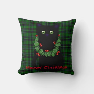 Black cat Meowy Christmas Holly garland Throw Pillow