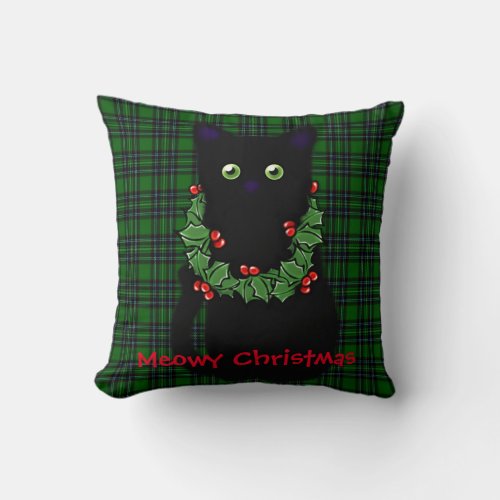 Black cat  Meowy Christmas  Holly garland   Throw Pillow