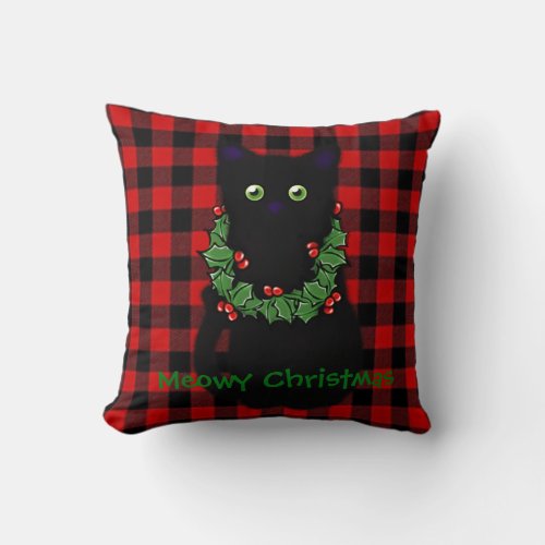 Black cat  Meowy Christmas  Holly garland  Throw Pillow