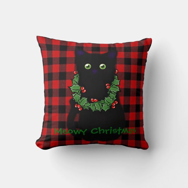Black cat | Meowy Christmas | Holly garland  Throw Pillow (Front)