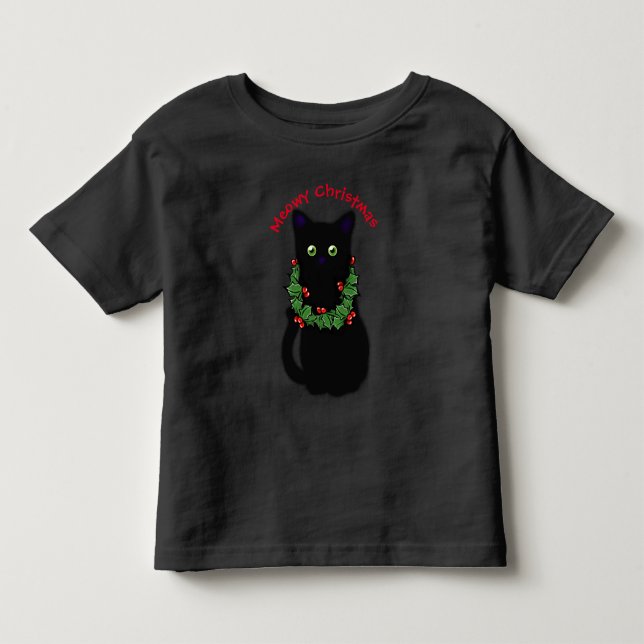 Black cat | Meowy Christmas | Holly garland   Toddler T-shirt (Front)