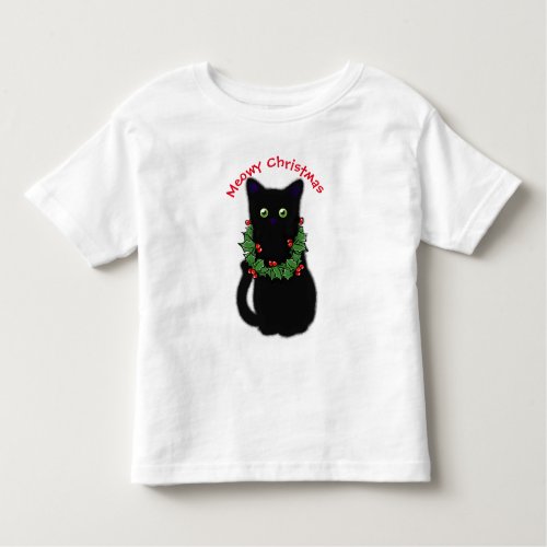 Black cat  Meowy Christmas  Holly garland    Toddler T_shirt