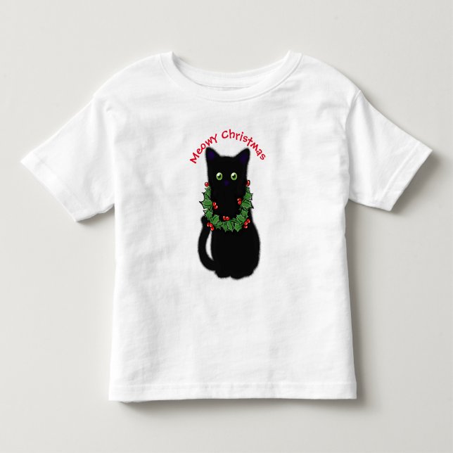 Black cat | Meowy Christmas | Holly garland    Toddler T-shirt (Front)