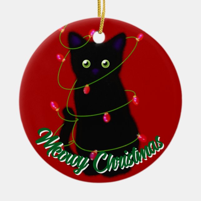 Black cat Meowy Christmas red twinkle lights  Ceramic Ornament (Front)