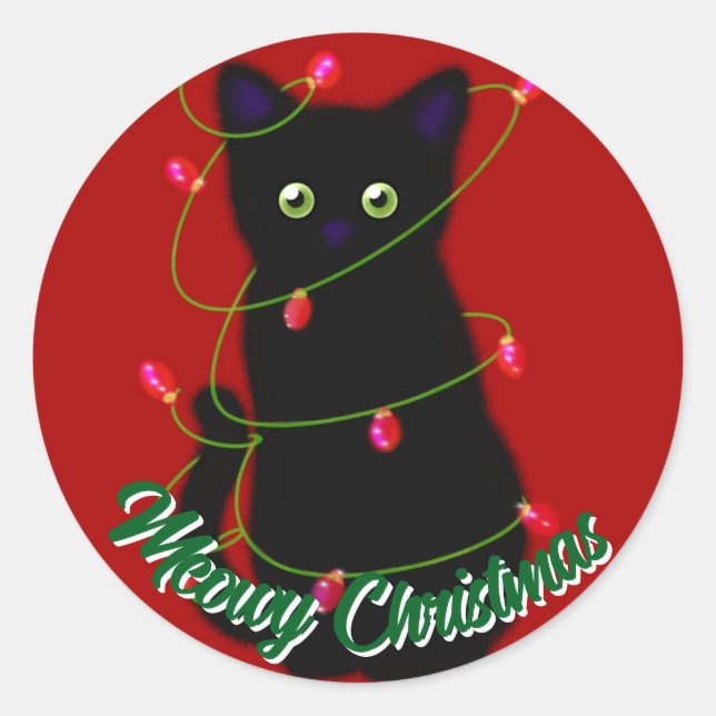 Black cat Meowy Christmas red twinkle lights  Classic Round Sticker (Front)