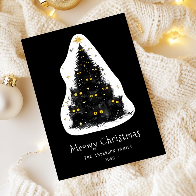 Black Cat Meowy Christmas Tree Holiday Card (Creator Uploaded)