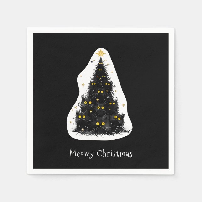 Black Cat Meowy Christmas Tree Napkins (Front)