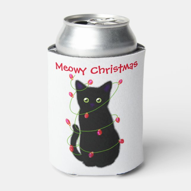 Black cat | Meowy Christmas |  twinkle lights     Can Cooler (Can Front)