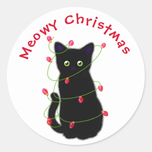Black cat  Meowy Christmas   twinkle lights     Classic Round Sticker