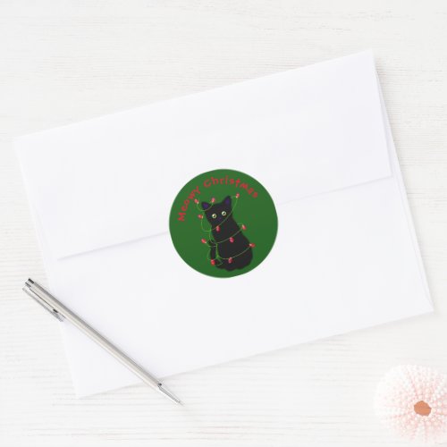 Black cat  Meowy Christmas   twinkle lights      Classic Round Sticker