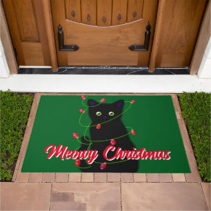 Black cat Meowy Christmas twinkle lights Doormat
