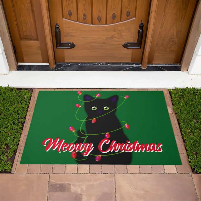 Black cat Meowy Christmas twinkle lights  Doormat (Outdoor)