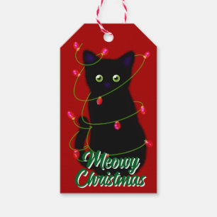 Black cat Meowy Christmas twinkle lights Gift Tags