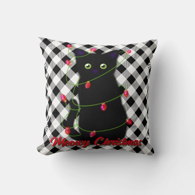Black cat Meowy Christmas twinkle lights gingham  Throw Pillow (Front)
