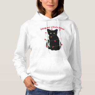 Black cat   Meowy Christmas    twinkle lights     Hoodie