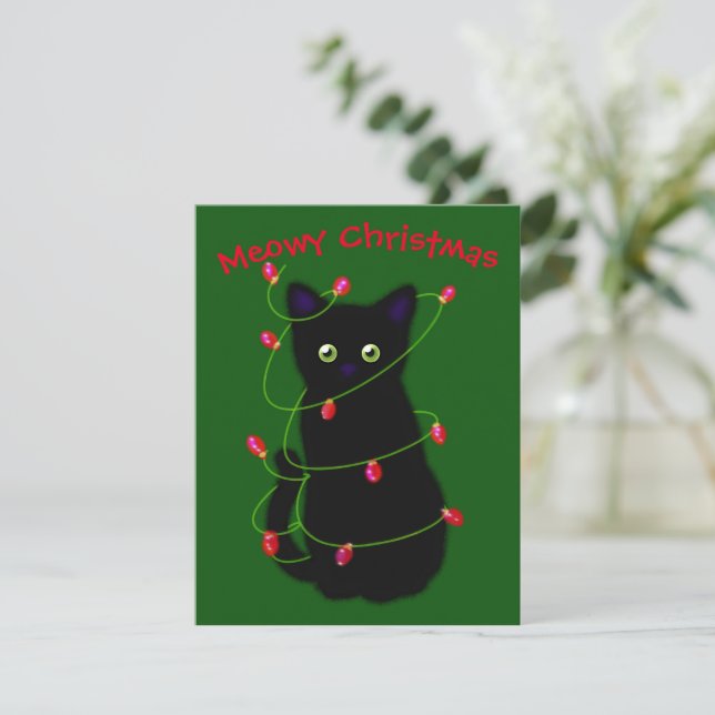 Black cat | Meowy Christmas |  twinkle lights    N Note Card (Standing Front)