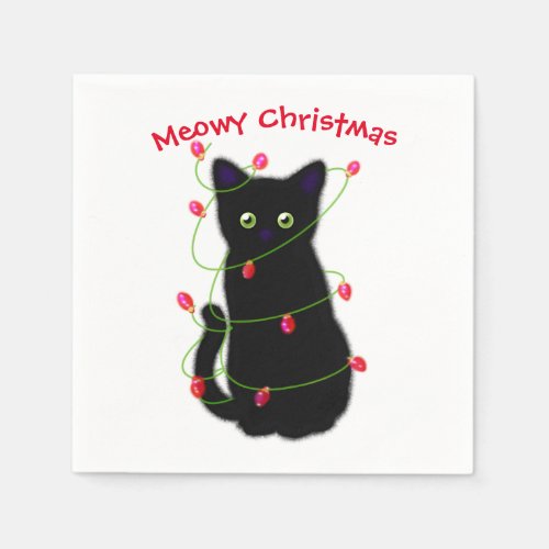 Black cat  Meowy Christmas   twinkle lights     Napkins