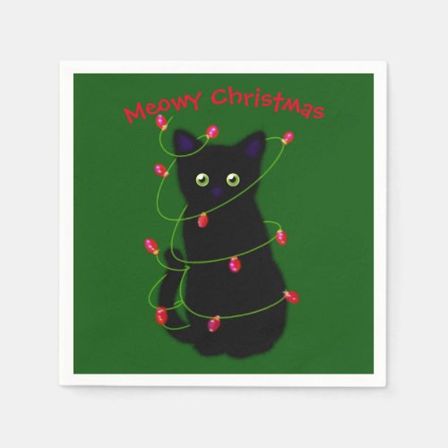 Black cat  Meowy Christmas   twinkle lights      Napkins