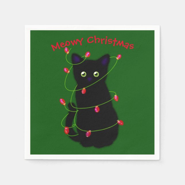 Black cat | Meowy Christmas |  twinkle lights      Napkins (Front)