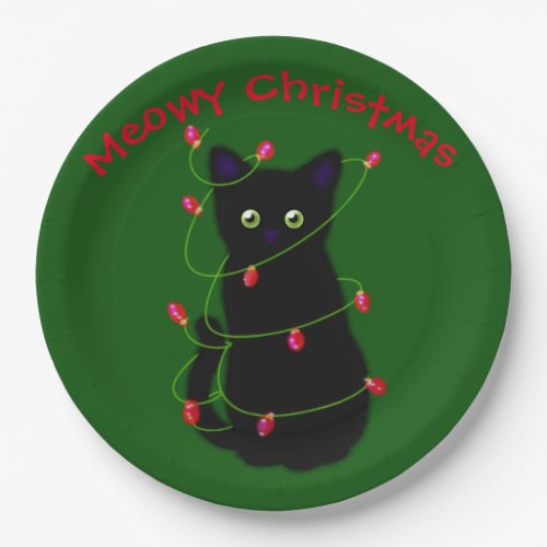 Black cat  Meowy Christmas   twinkle lights      Paper Plates