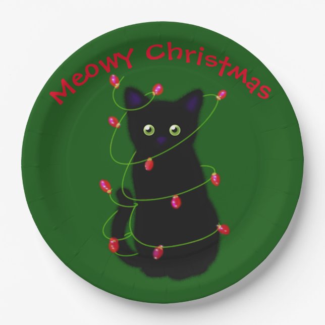 Black cat | Meowy Christmas |  twinkle lights      Paper Plates (Front)