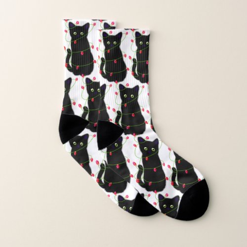 Black cat  Meowy Christmas   twinkle lights     Socks