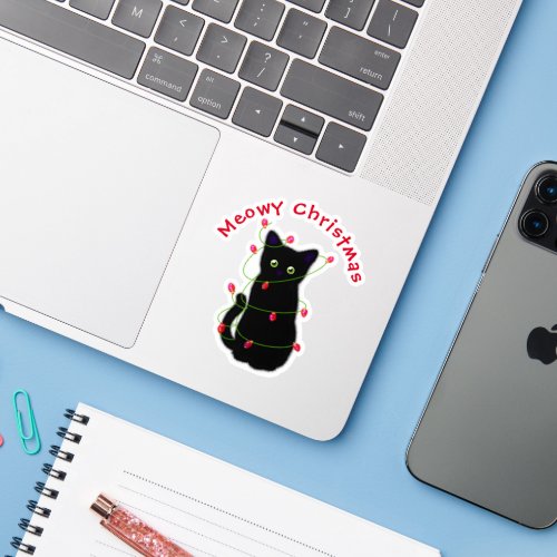 Black cat  Meowy Christmas   twinkle lights     Sticker
