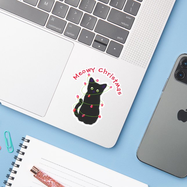 Black cat | Meowy Christmas |  twinkle lights     Sticker (Laptop w/ iPhone)