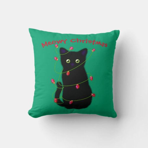 Black cat  Meowy Christmas  twinkle lights   Thr Throw Pillow