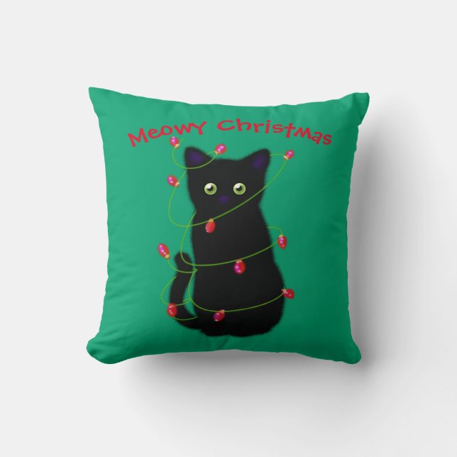 Black cat | Meowy Christmas | twinkle lights   Thr Throw Pillow (Front)
