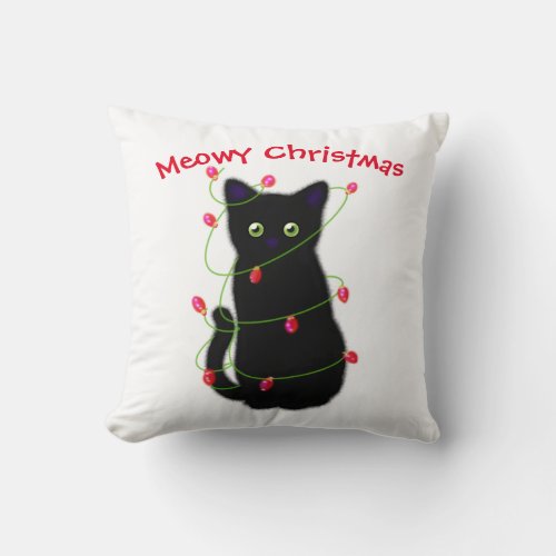 Black cat  Meowy Christmas  twinkle lights   Throw Pillow