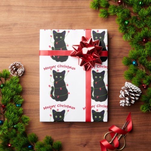 Black cat  Meowy Christmas   twinkle lights  Wrapping Paper