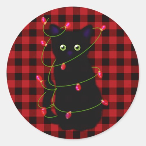 Black cat  Meowy Christmas  twinkle star light   Classic Round Sticker