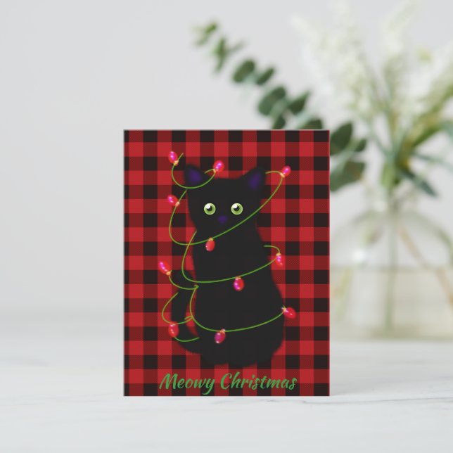 Black cat | Meowy Christmas | twinkle star light   Note Card (Standing Front)