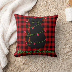 Black cat Meowy Christmas twinkle star light Throw Pillow