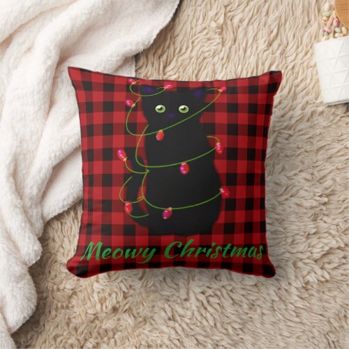 Black cat  Meowy Christmas  twinkle star light   Throw Pillow
