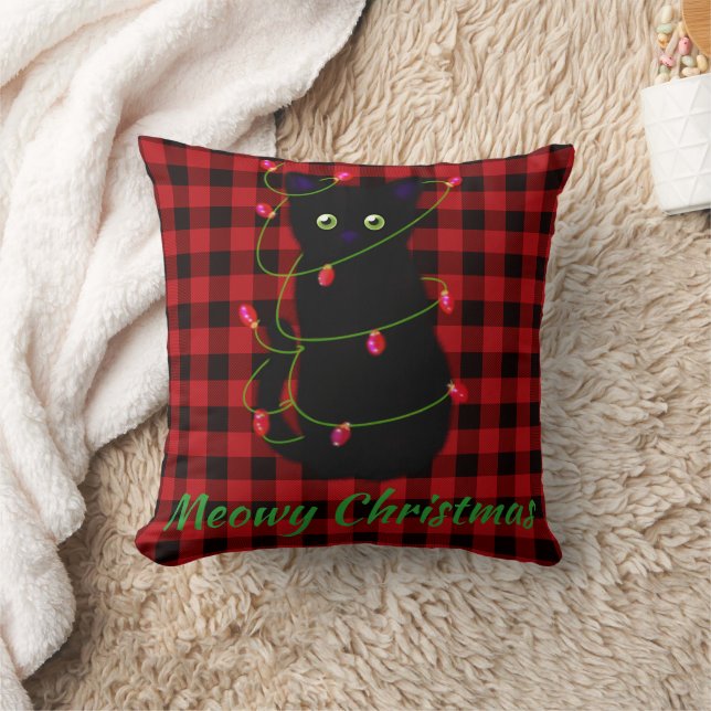 Black cat | Meowy Christmas | twinkle star light   Throw Pillow (Blanket)