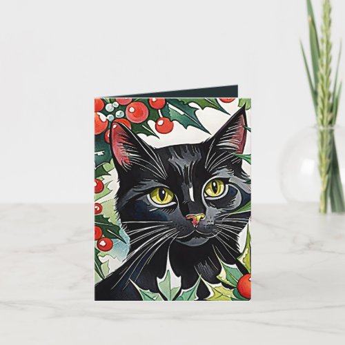 Black Cat Meowy Christmas Watercolor Card